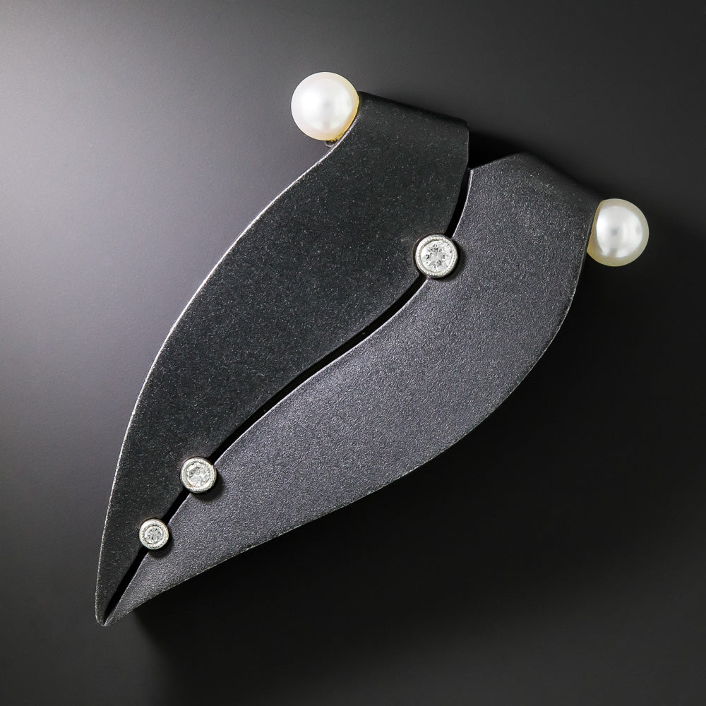 Marsh & Co. Blackened Steel Pearl and Diamond Leaf Brooch - 2