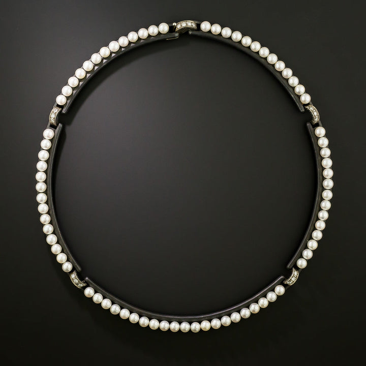 Marsh & Co. Cultured Pearl, Diamond and Blackened Steel Necklace