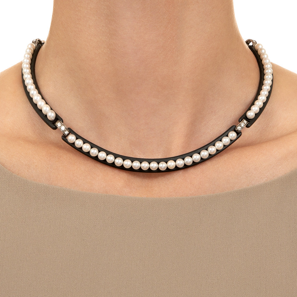 Marsh & Co. Cultured Pearl, Diamond and Blackened Steel Necklace - 10