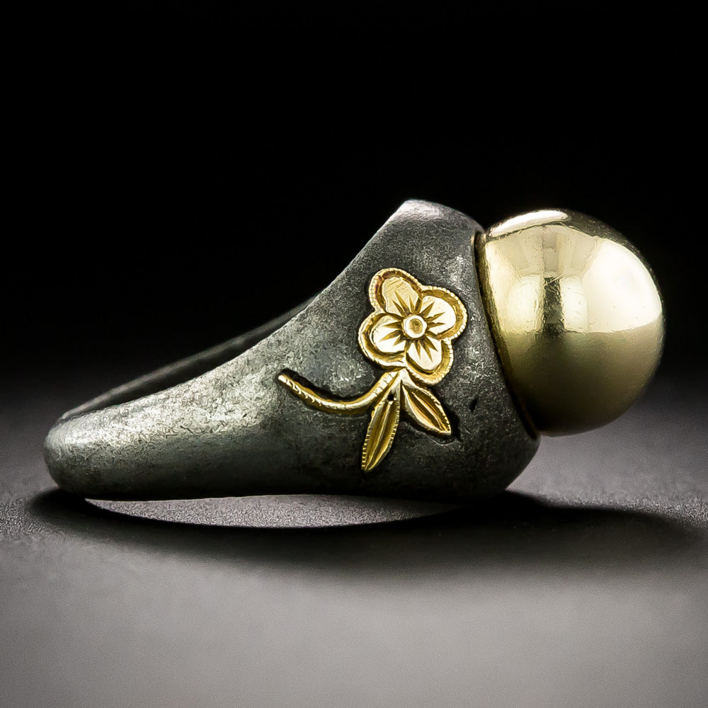 Marsh & Co. Golden Bead and Flower Ring, Size 3 1/2 - 3