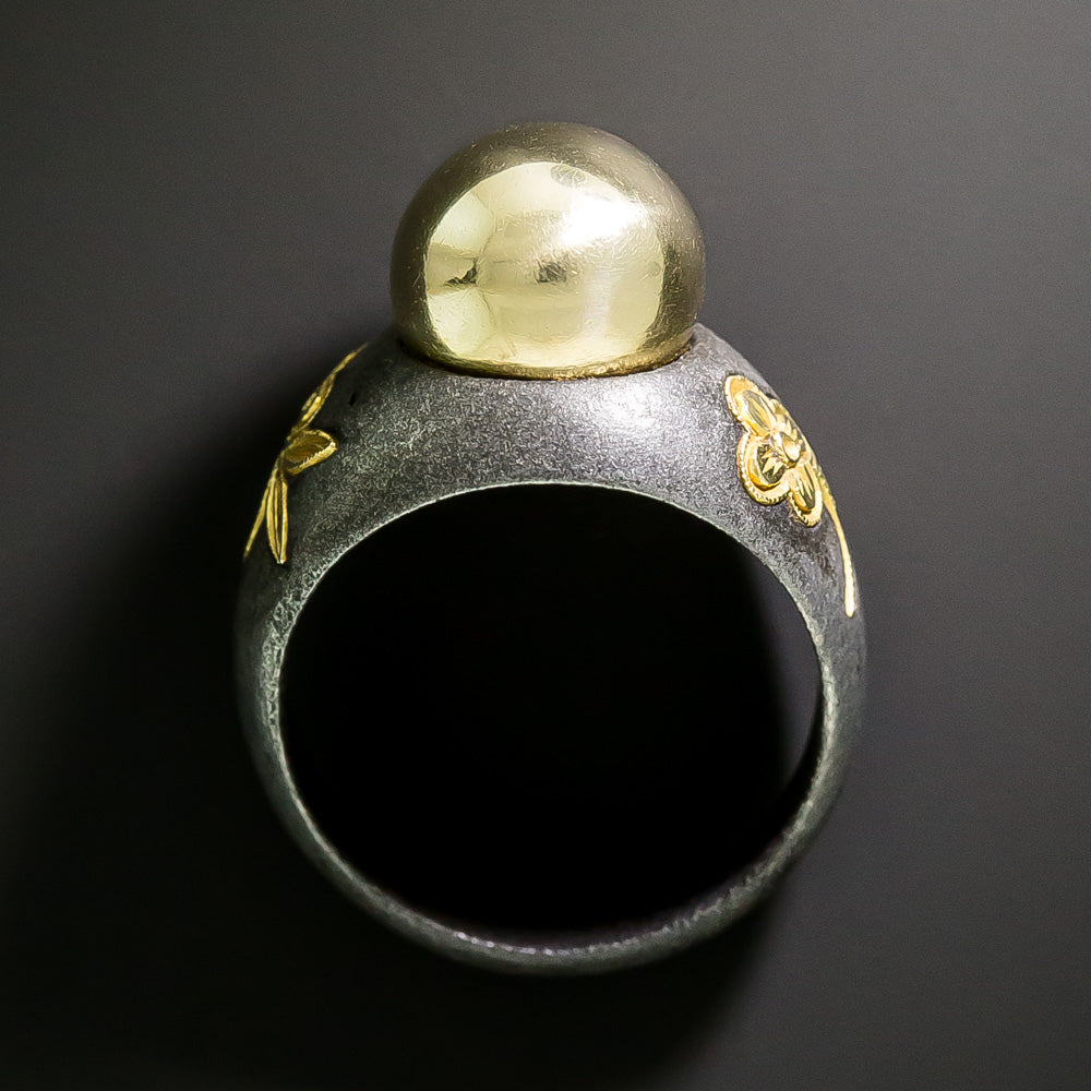 Marsh & Co. Golden Bead and Flower Ring, Size 3 1/2 - 4