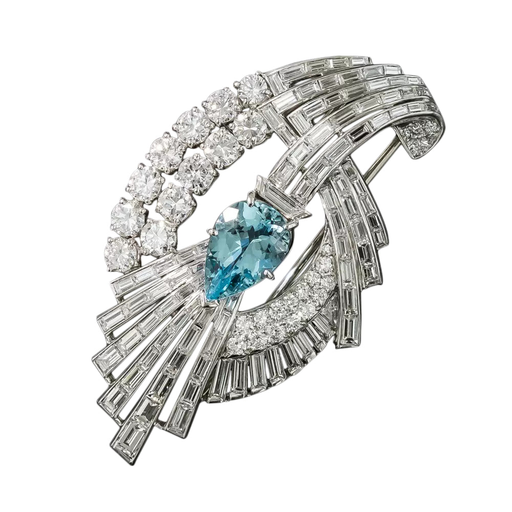 Mid-Century 10.00 Carat Total Weight Diamond and Aquamarine Spray Brooch - 2