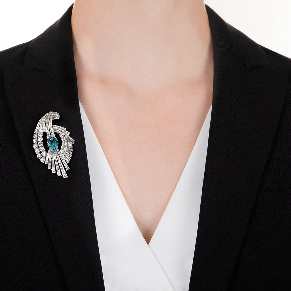 Mid-Century Aquamarine and Diamond Spray Brooch - 6