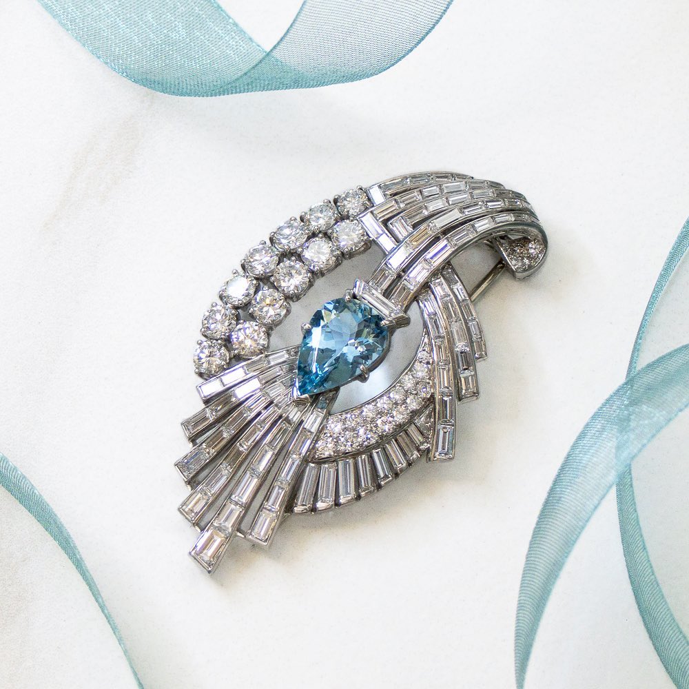 Mid-Century 10.00 Carat Total Weight Diamond and Aquamarine Spray Brooch - 6