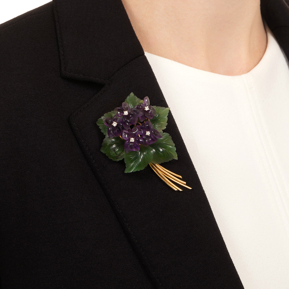 Mid-Century 18K Carved Amethyst, Nephrite and Diamond Flower Brooch - 4