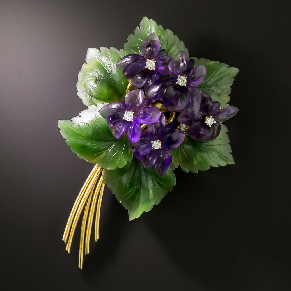 Mid-Century 18K Carved Amethyst, Nephrite and Diamond Flower Brooch - 2