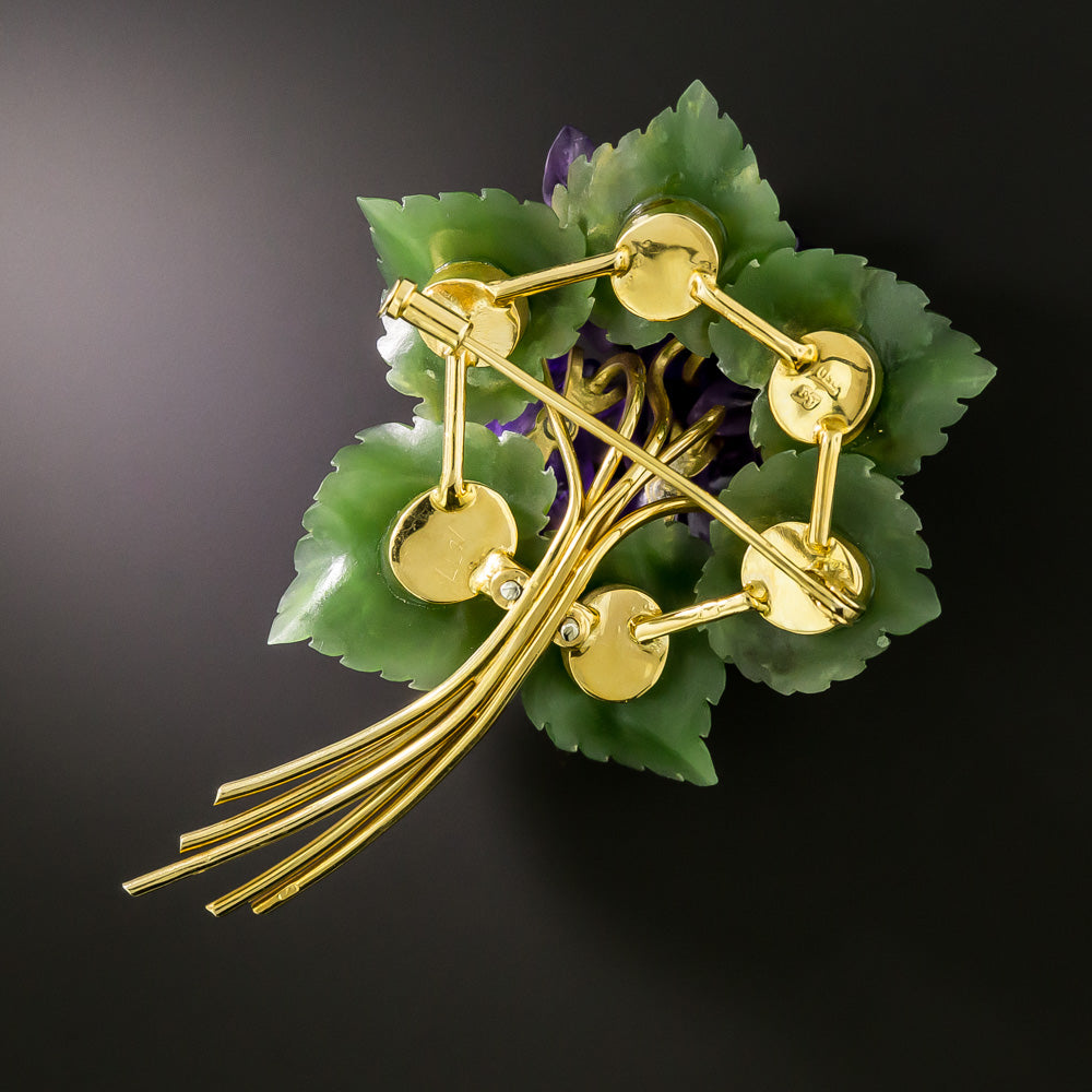 Mid-Century 18K Carved Amethyst, Nephrite and Diamond Flower Brooch - 3
