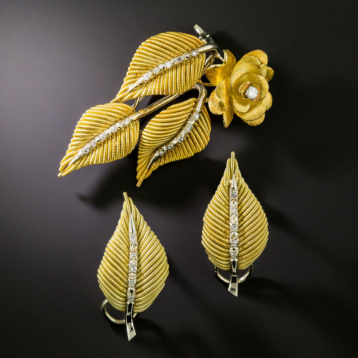Mid-Century 18K Diamond Leaf and Rose Brooch and Earrings