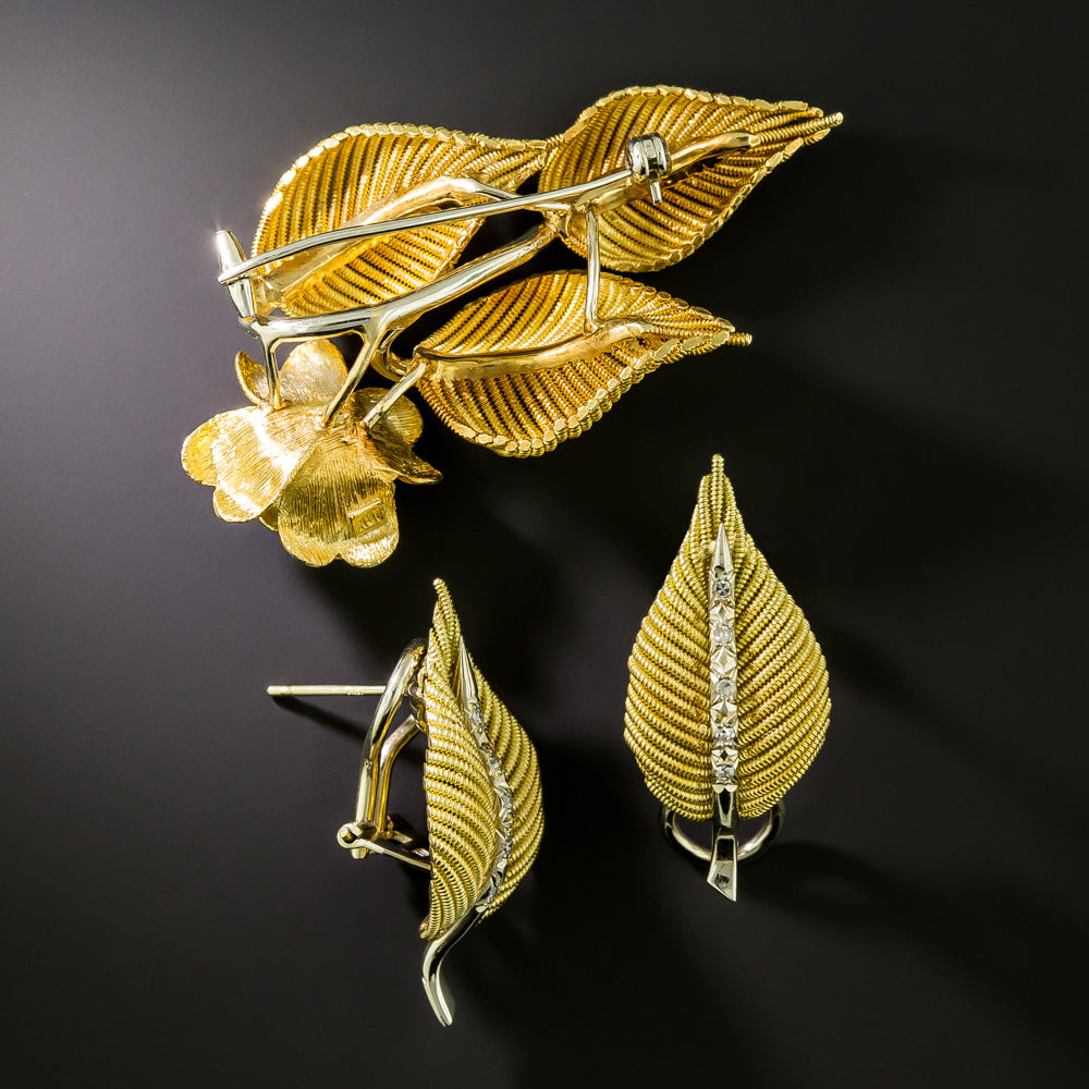 Mid-Century 18K Diamond Leaf and Rose Brooch and Earrings - 4