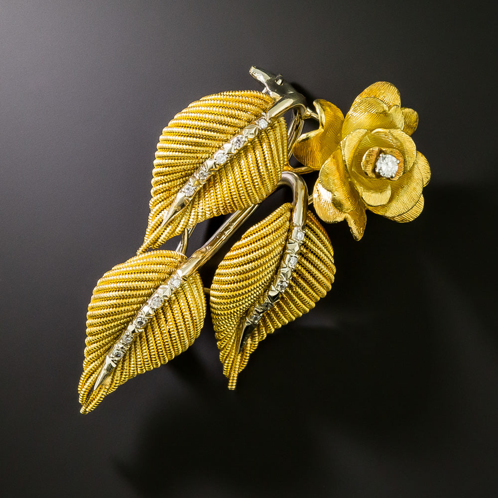 Mid-Century 18K Diamond Leaf and Rose Brooch and Earrings - 5