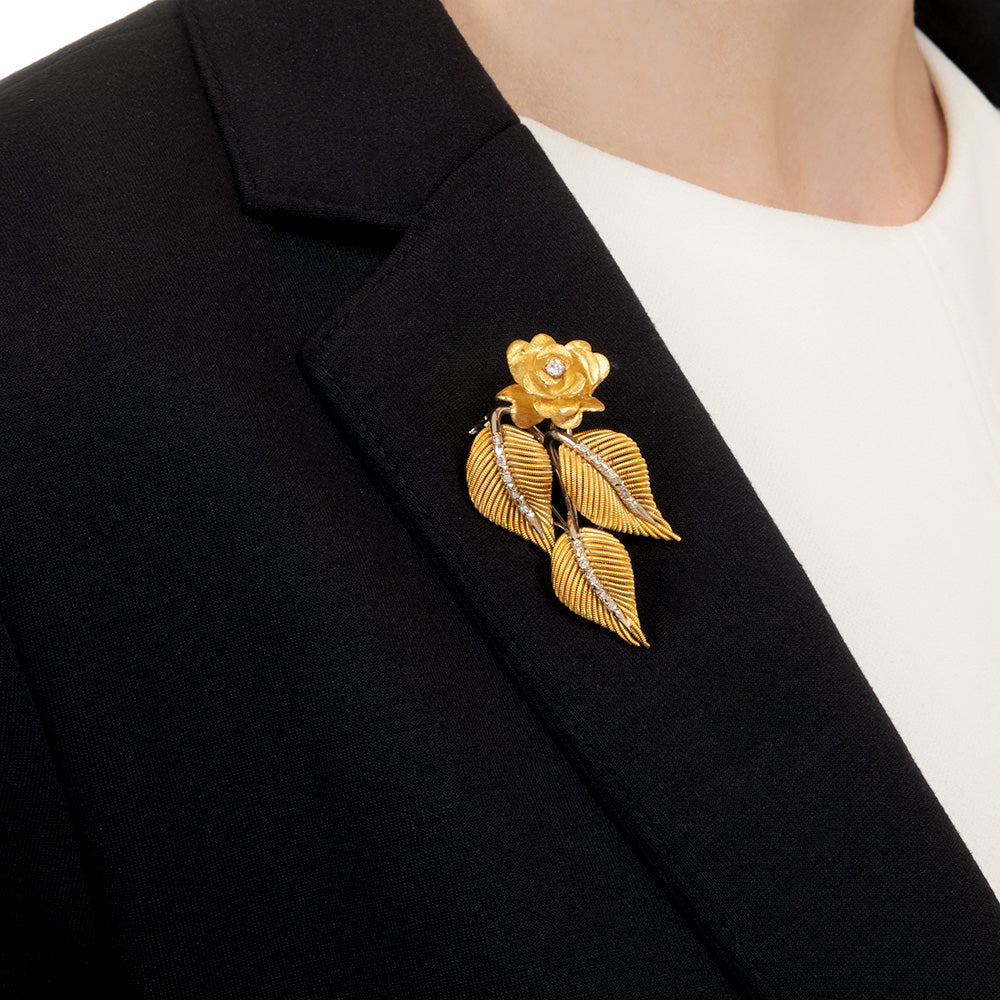 Mid-Century 18K Diamond Leaf and Rose Brooch and Earrings - 7