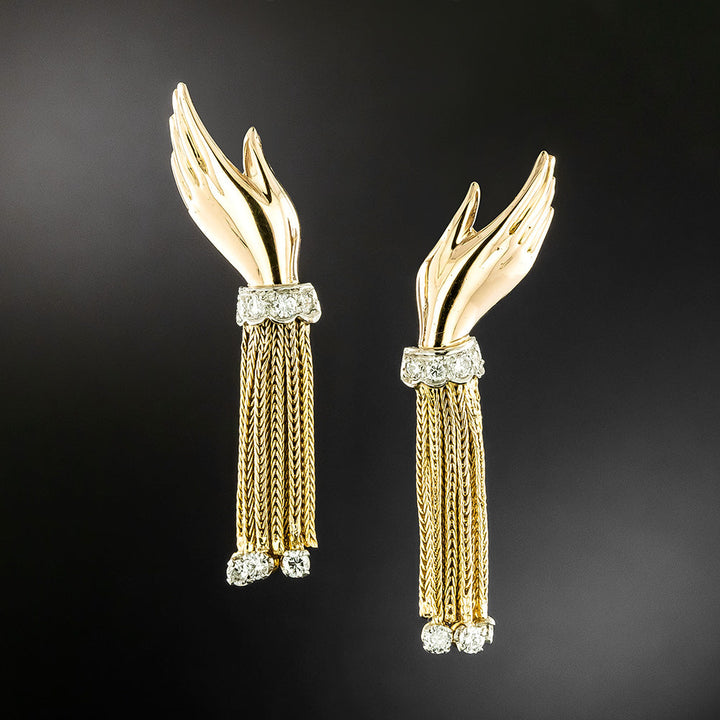 Mid-Century 18K Diamond Tassel Hand Earrings