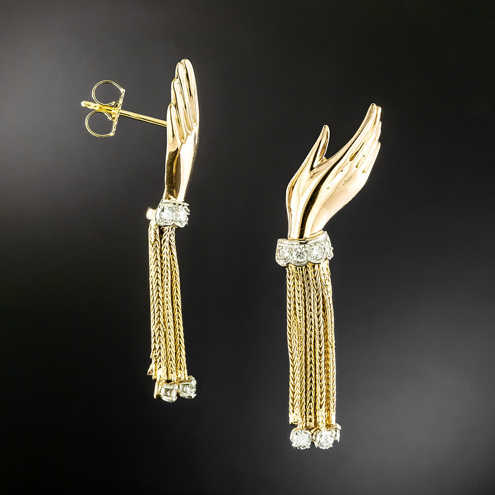Mid-Century 18K Diamond Tassel Hand Earrings - 3