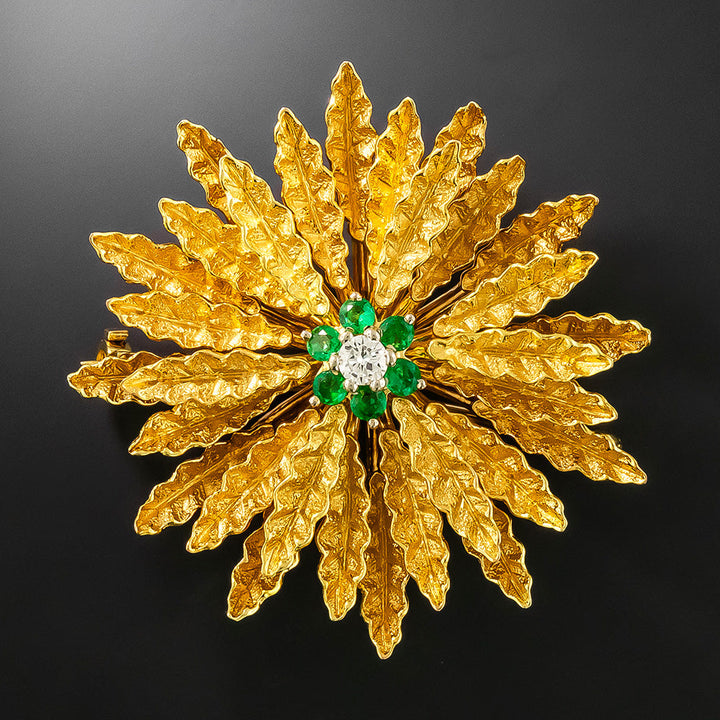 Mid-Century 18K Emerald and Diamond Flower Brooch/Pendant