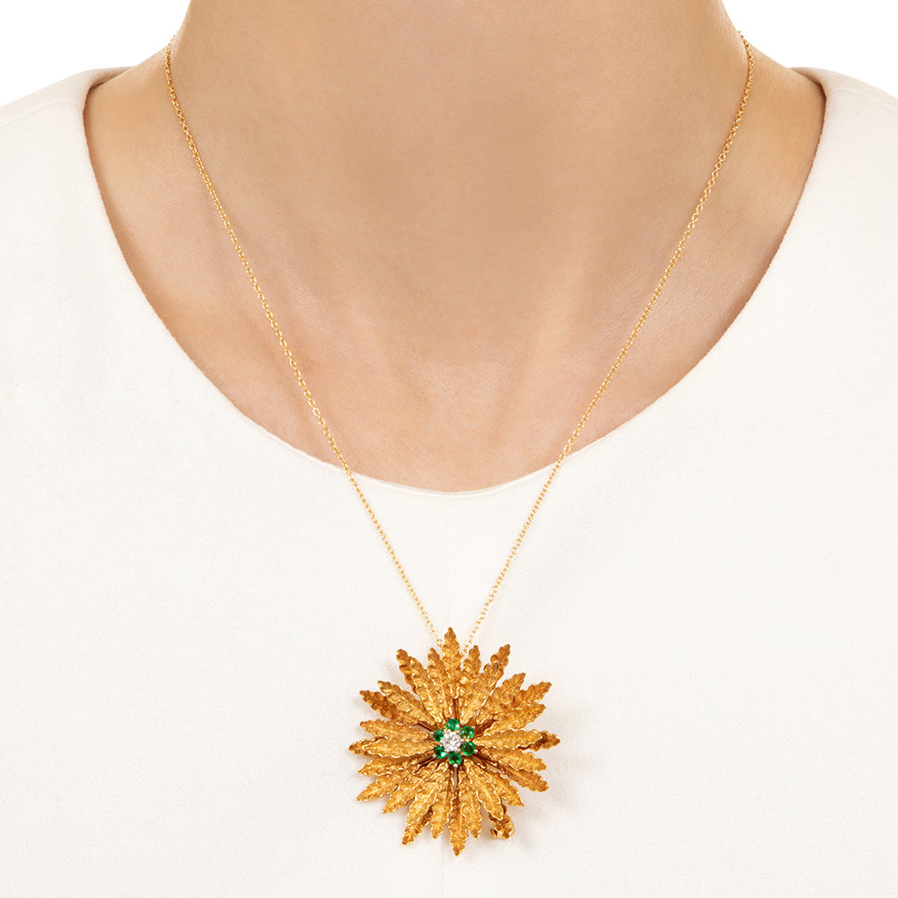 Mid-Century 18K Emerald and Diamond Flower Brooch/Pendant - 5