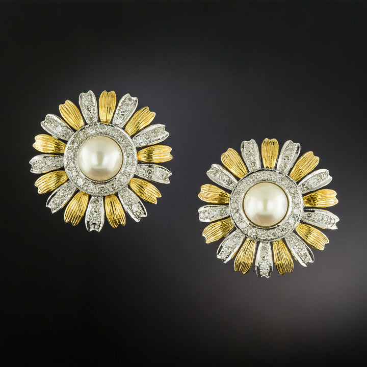 Mid-Century 18K Pearl and Diamond Sunflower Earrings