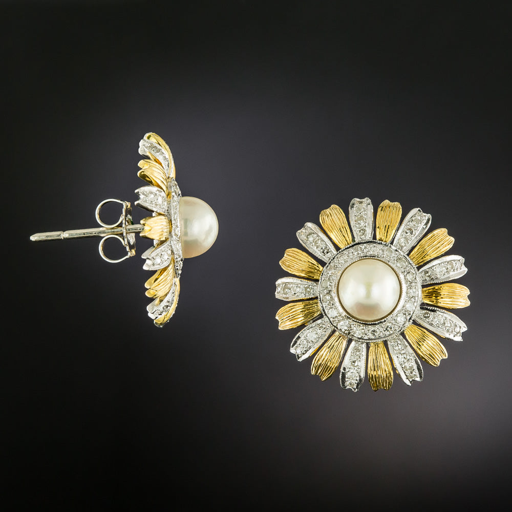 Mid-Century 18K Pearl and Diamond Sunflower Earrings - 4
