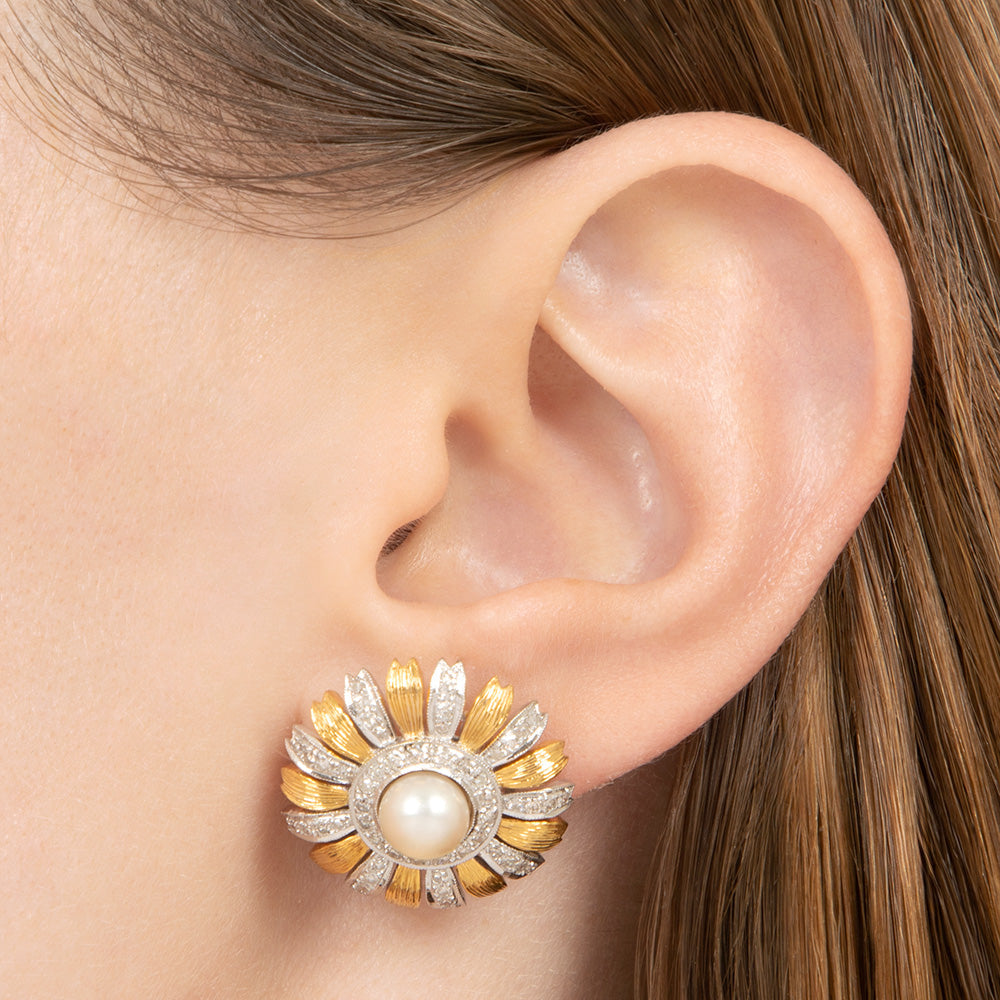 Mid-Century 18K Pearl and Diamond Sunflower Earrings - 5