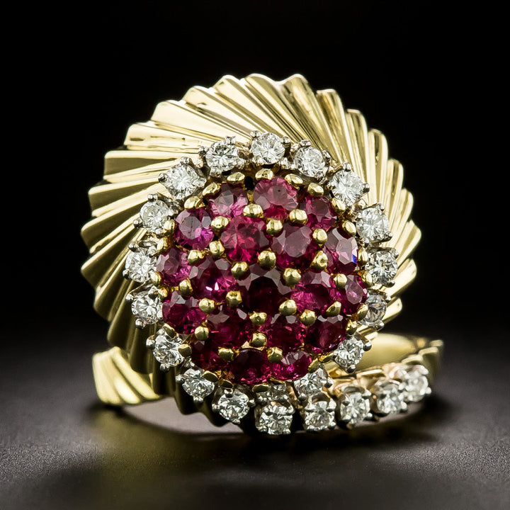 Mid-Century 18K Ruby And Diamond Swirl Ring
