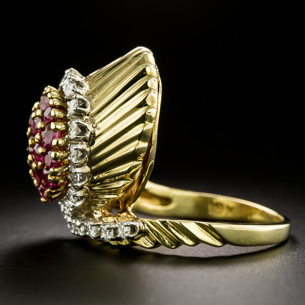 Mid-Century 18K Ruby And Diamond Swirl Ring - 5