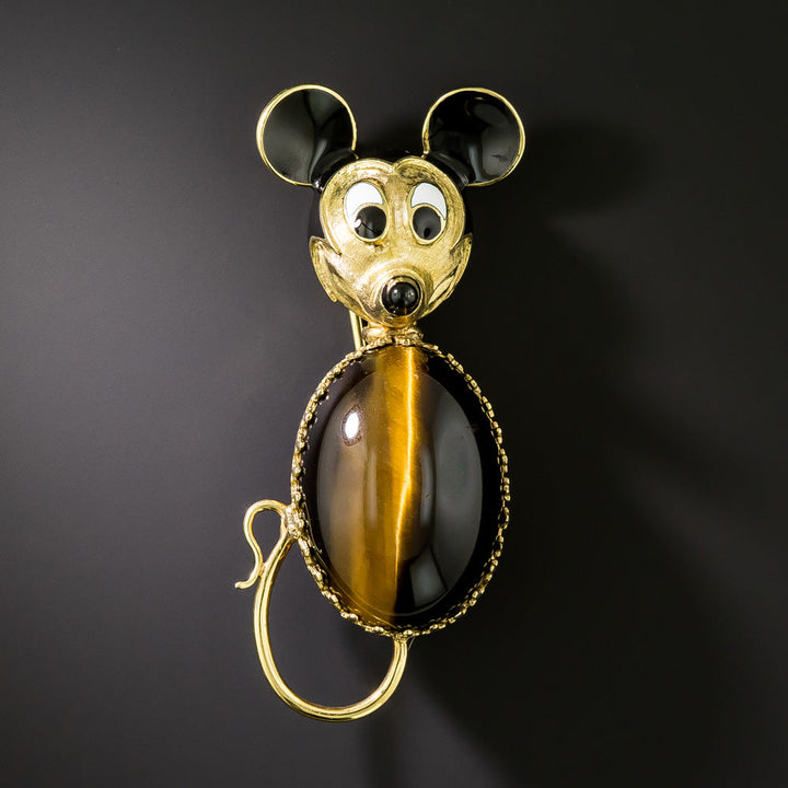 Mid-Century 18K Tiger's Eye and Enamel Mouse Brooch