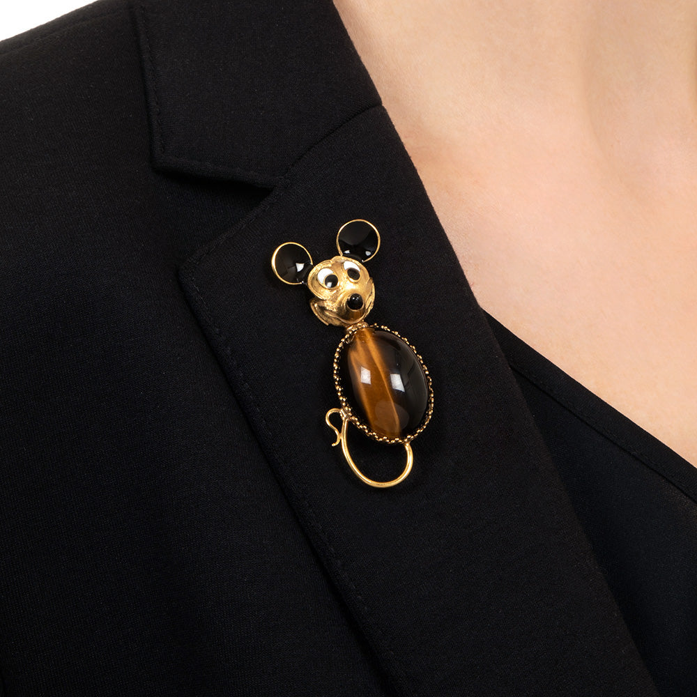 Mid-Century 18K Tiger's Eye and Enamel Mouse Brooch - 5