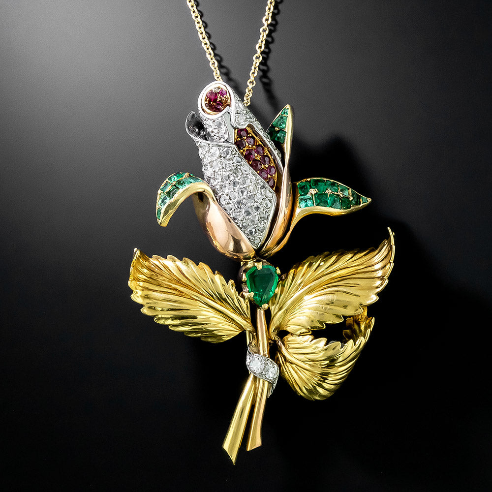 Mid-Century Bejeweled Rose Pin/Pendant, Portugal - 1