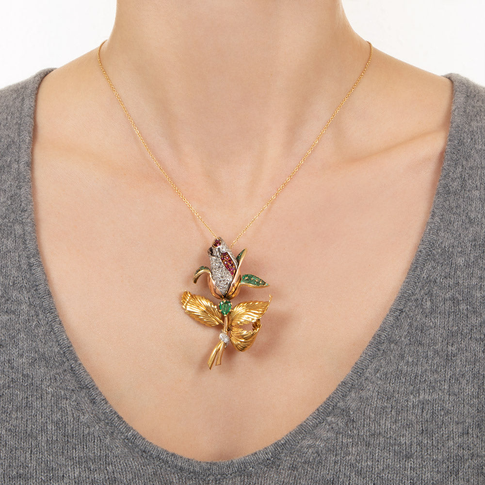 Mid-Century Bejeweled Rose Pin/Pendant, Portugal - 8