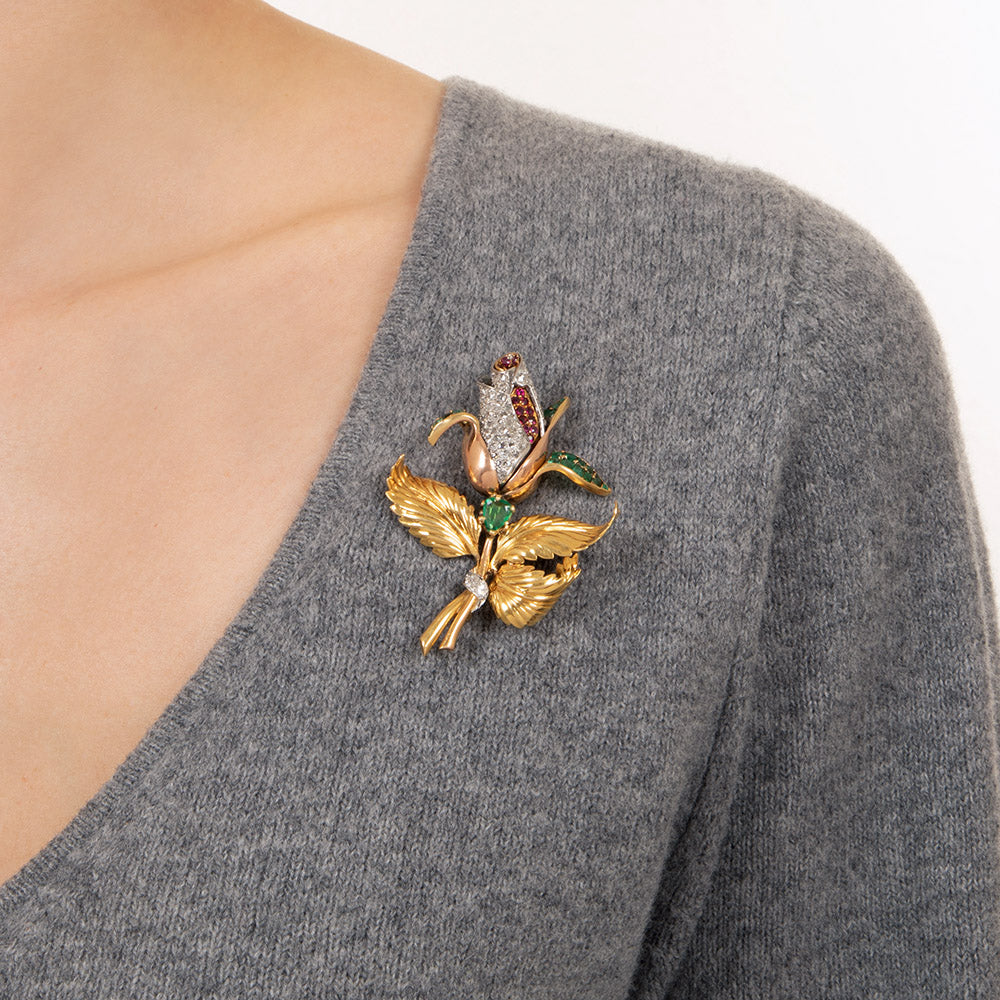Mid-Century Bejeweled Rose Pin/Pendant, Portugal - 9