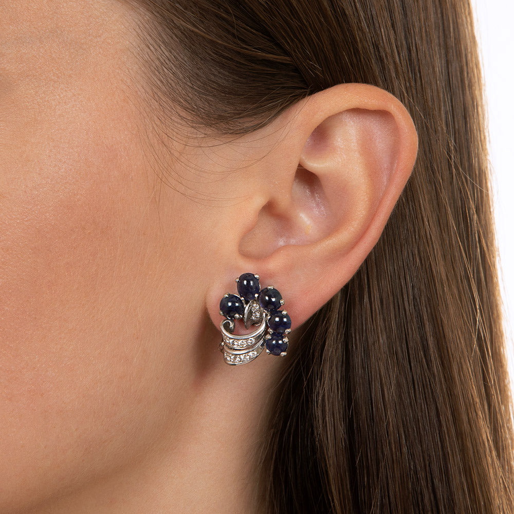 Mid-Century Cabochon Sapphire and Diamond Earrings - 3