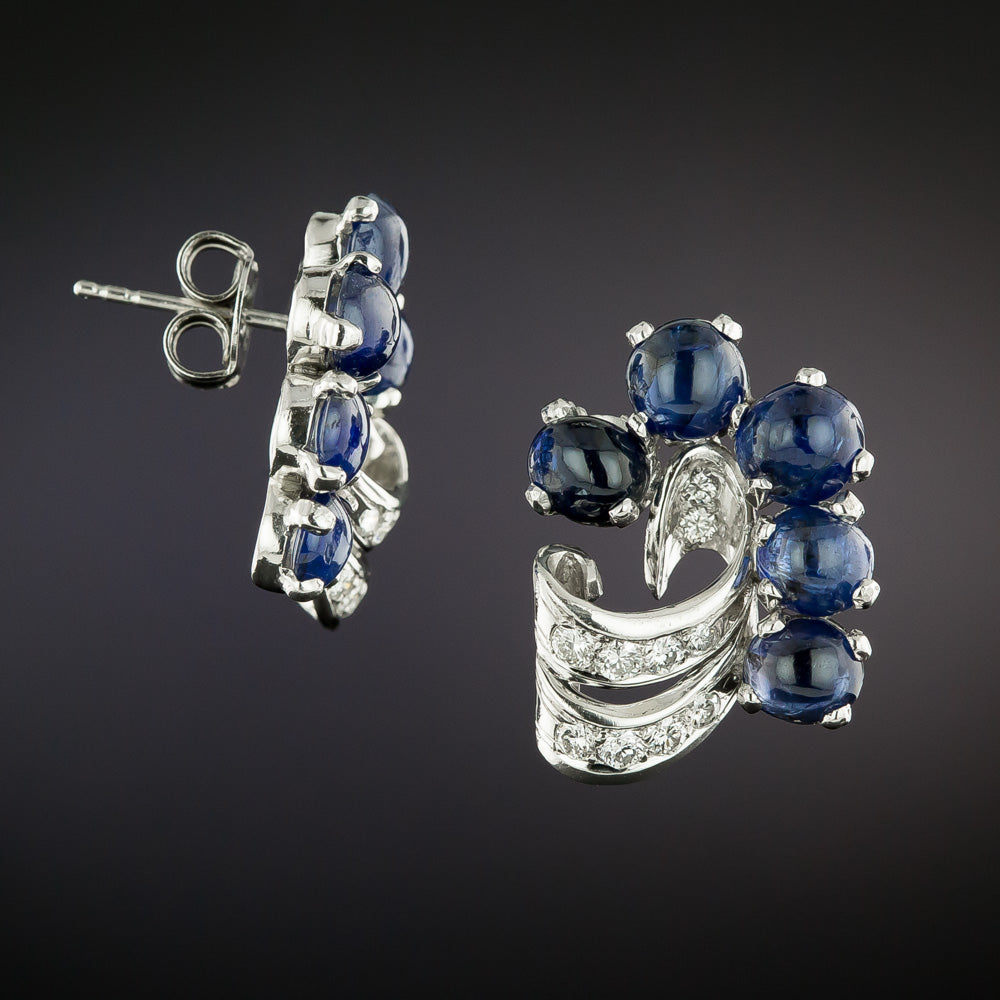 Mid-Century Cabochon Sapphire and Diamond Earrings - 2