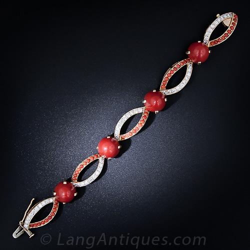Mid-Century Coral, Diamond and Gold Bracelet - 3