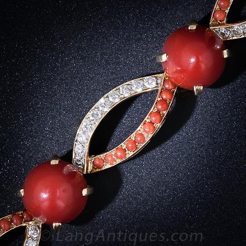 Mid-Century Coral, Diamond and Gold Bracelet - 4