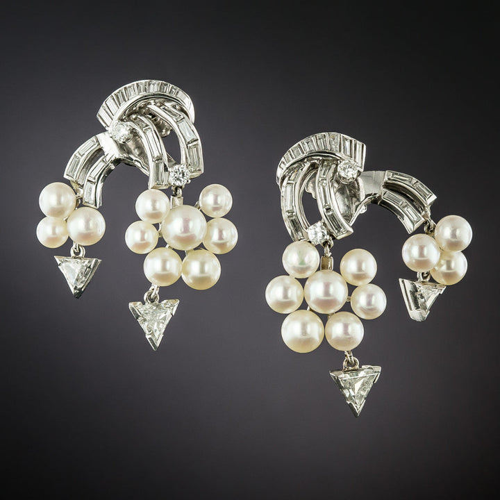 Mid-Century Cultured Pearl and Cascading Diamond Clip Earrings