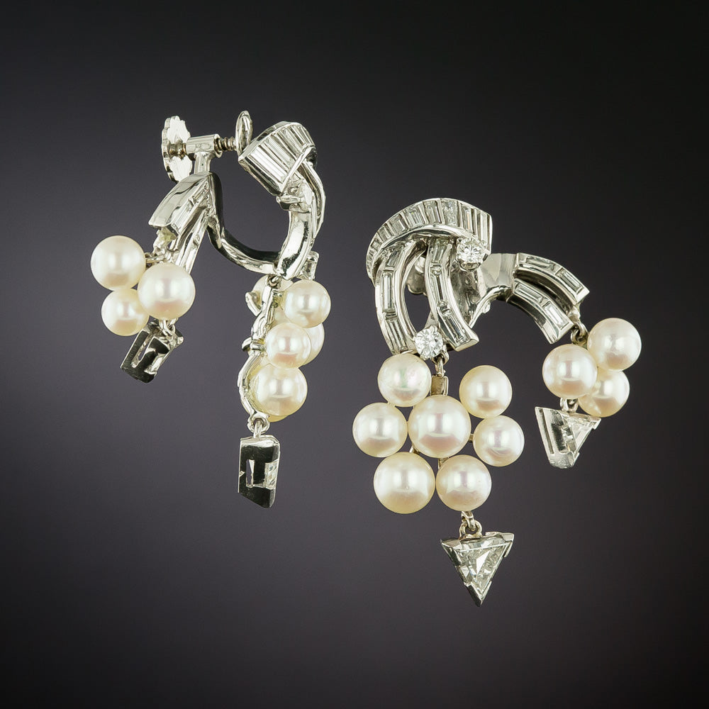 Mid-Century Cultured Pearl and Cascading Diamond Clip Earrings - 3
