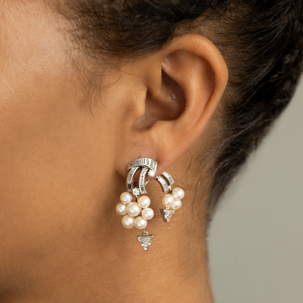 Mid-Century Cultured Pearl and Cascading Diamond Clip Earrings - 5