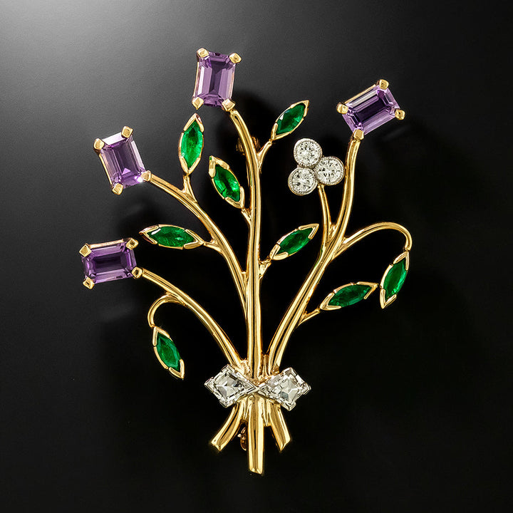 Mid-Century Diamond, Amethyst and Emerald Flower Brooch