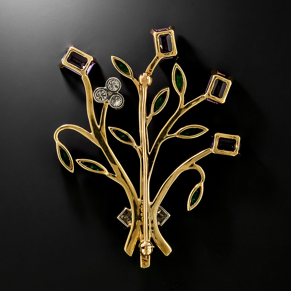 Mid-Century Diamond, Amethyst and Emerald Flower Brooch - 3