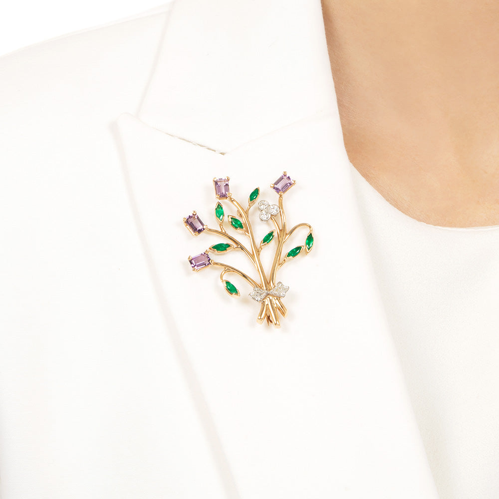Mid-Century Diamond, Amethyst and Emerald Flower Brooch - 4