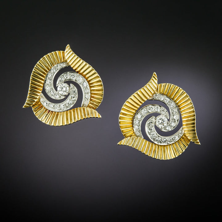 Mid-Century Diamond and Gold Swirl Earrings