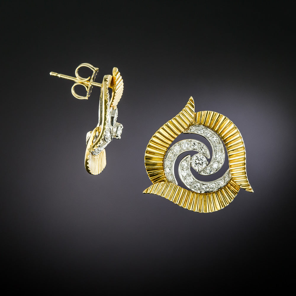 Mid-Century Diamond and Gold Swirl Earrings - 3