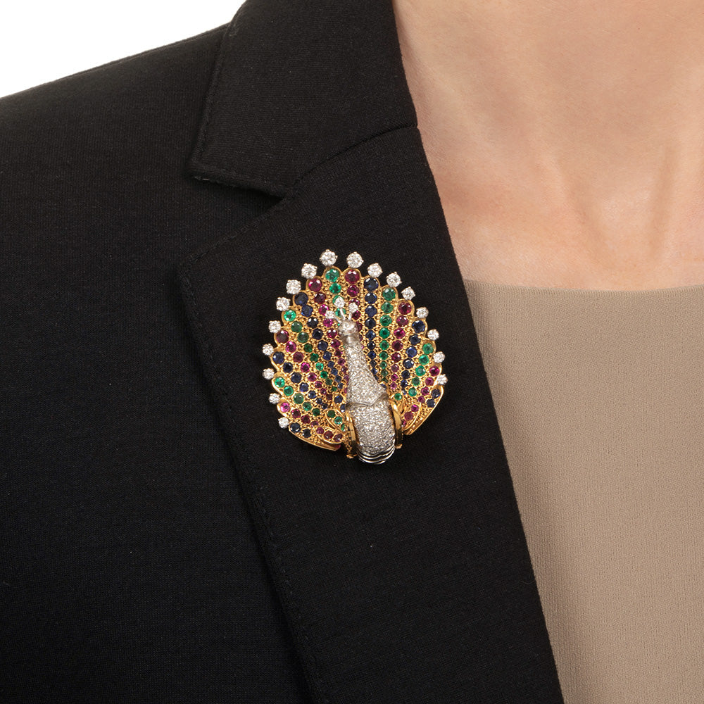 Mid-Century Diamond and Multi-Gem Peacock Brooch - 3