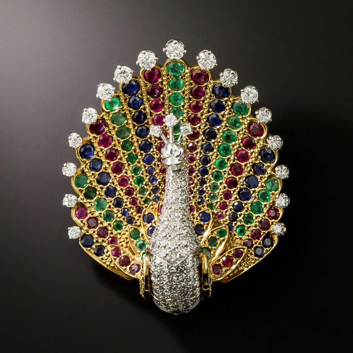 Mid-Century Diamond and Multi-Gem Peacock Brooch