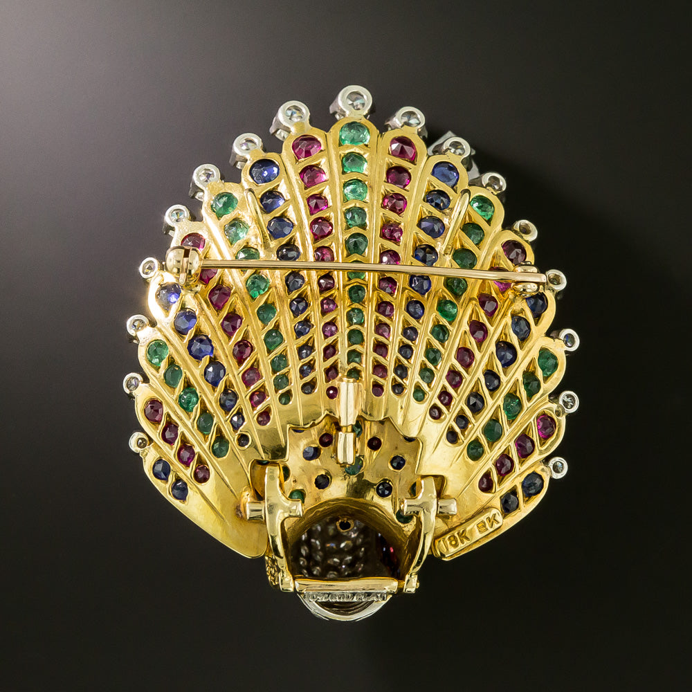 Mid-Century Diamond and Multi-Gem Peacock Brooch - 3