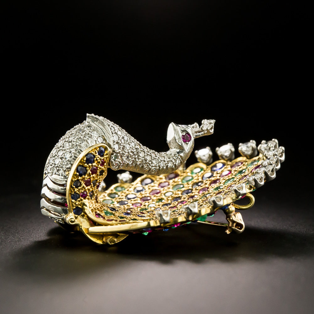 Mid-Century Diamond and Multi-Gem Peacock Brooch - 4