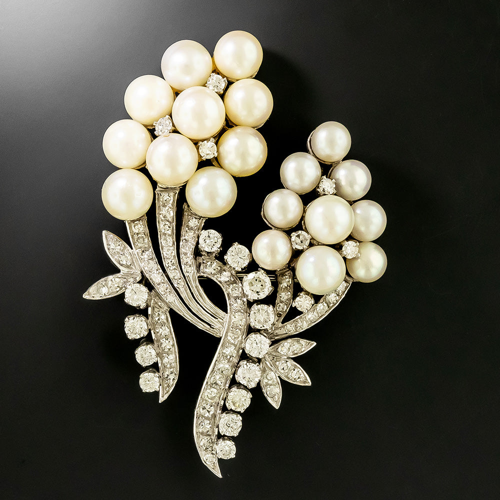 Mid-Century Diamond and Pearl Cascade Brooch - 2