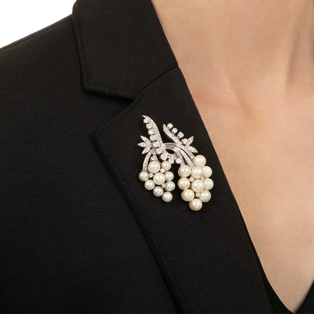 Mid-Century Diamond and Pearl Cascade Brooch - 4