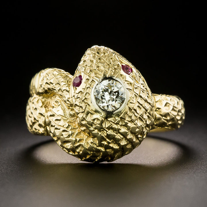 Mid-Century Diamond and Ruby-Eyed 18K Snake Ring