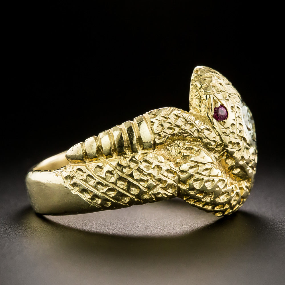 Mid-Century Diamond and Ruby-Eyed 18K Snake Ring - 4