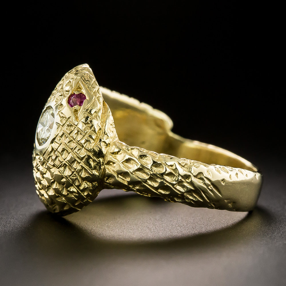 Mid-Century Diamond and Ruby-Eyed 18K Snake Ring - 5